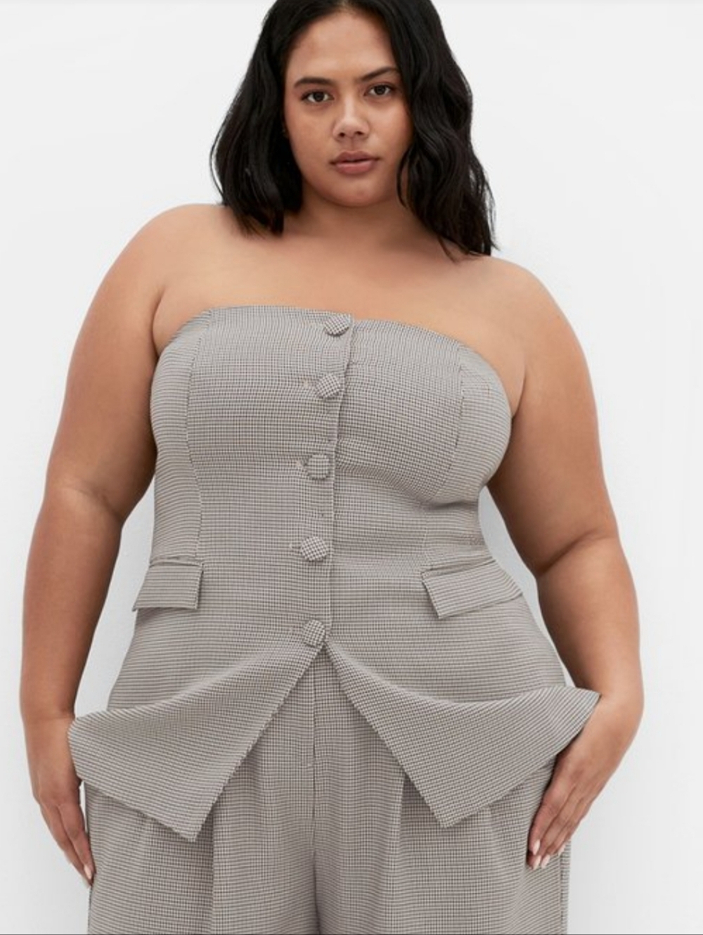 Strapless Houndstooth Button-Front Bustier Top - Taupe